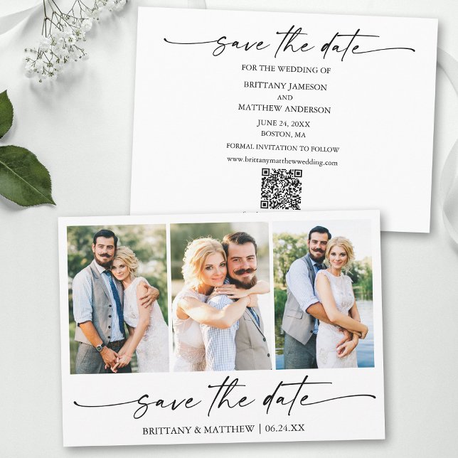 Modern Minimalist Ink Script 3 Photo QR Code Save The Date (Add your wedding website or social media web address to the QR Scan Code.)