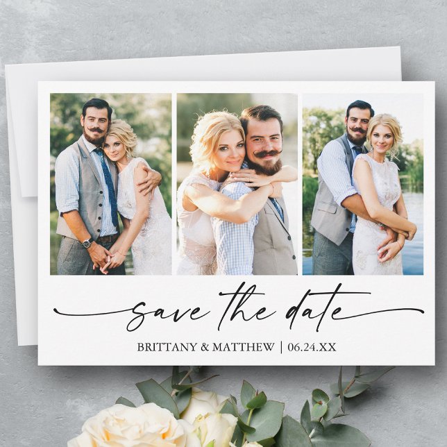Modern Minimalist Ink Script 3 Photo Save The Date (Customize to change your personalized text size or text style.)