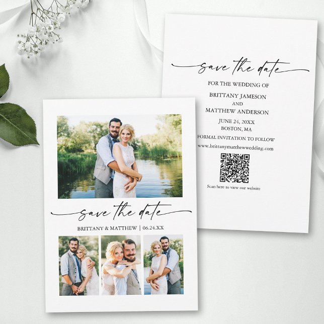 Modern Minimalist Ink Script 4 Photo QR Code Save The Date (Add your wedding website or social media web address to the QR Scan Code.)