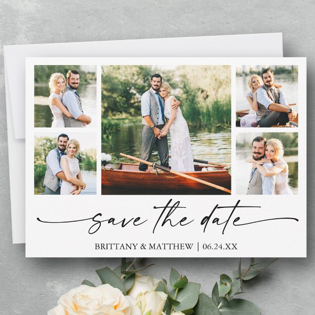 Modern Minimalist Ink Script 5 Photo Save The Date (Customize to change your personalized text size or text style.)
