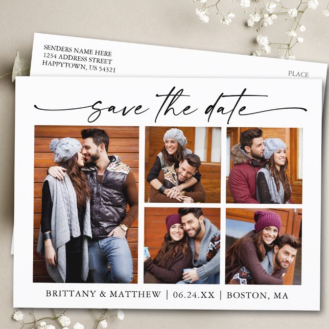 Modern Minimalist Ink Script 5 Photo Save The Date Postcard (Customize to change your personalized text size or text style.)