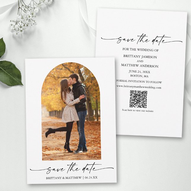 Modern Minimalist Ink Script Photo Arch QR Code Save The Date (Add your wedding website or social media web address to the QR Scan Code.)
