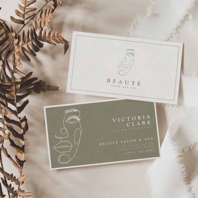 Modern Minimalist Ivory/Olive Salon Business Cards (Creator Uploaded)