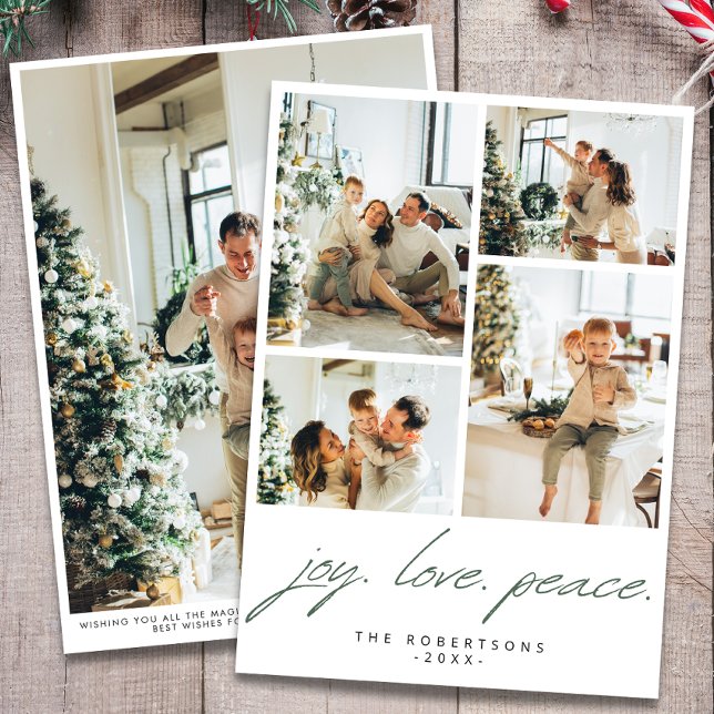 Modern Minimalist Joy Love Peace 5 Photo Green Holiday Card (Creator Uploaded)
