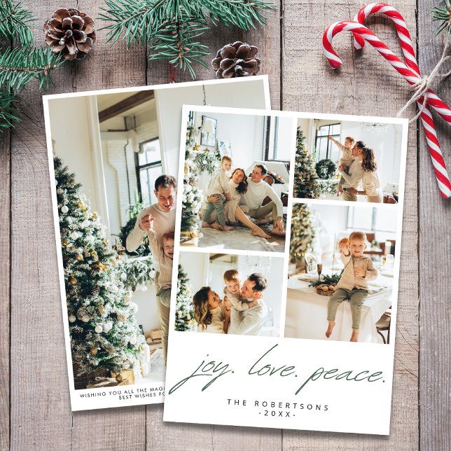 Modern Minimalist Joy Love Peace 5 Photo Green Holiday Card (Creator Uploaded)
