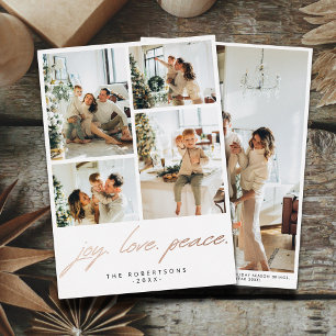 Modern Minimalist Joy Love Peace Script 5 Photo Foil Holiday Card