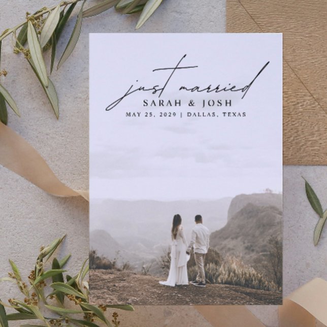 Modern Minimalist Just Married Photo Wedding Annou Announcement (Easily personalize this modern wedding announcement with your photo and text for a personalized card)