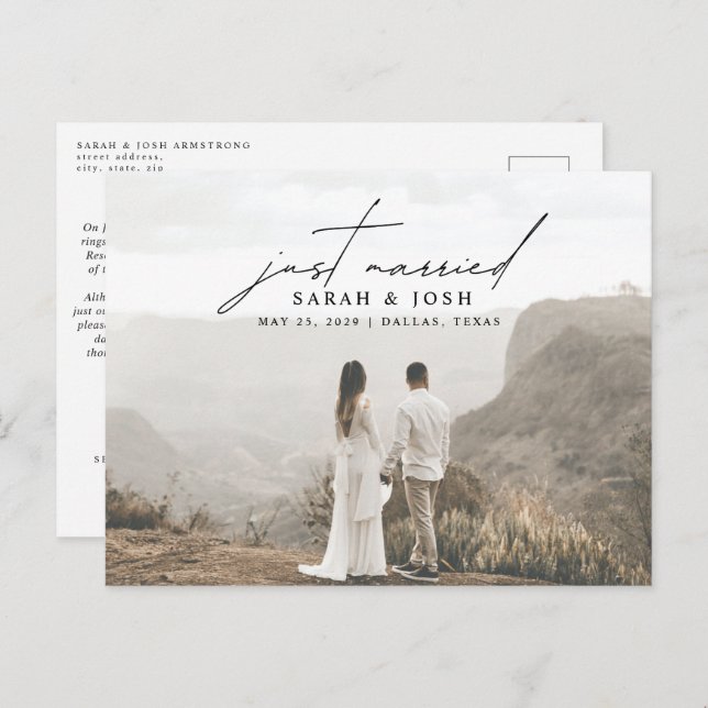 Modern Minimalist Just Married Photo Wedding Annou Announcement Postcard (Front/Back)