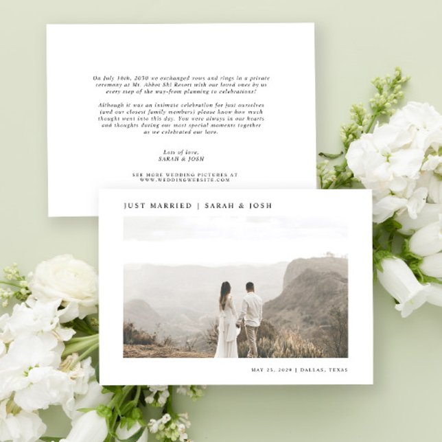 Modern Minimalist Just Married Photo Wedding Announcement (Easily personalize this wedding announcement with your favorite photo and personal message)