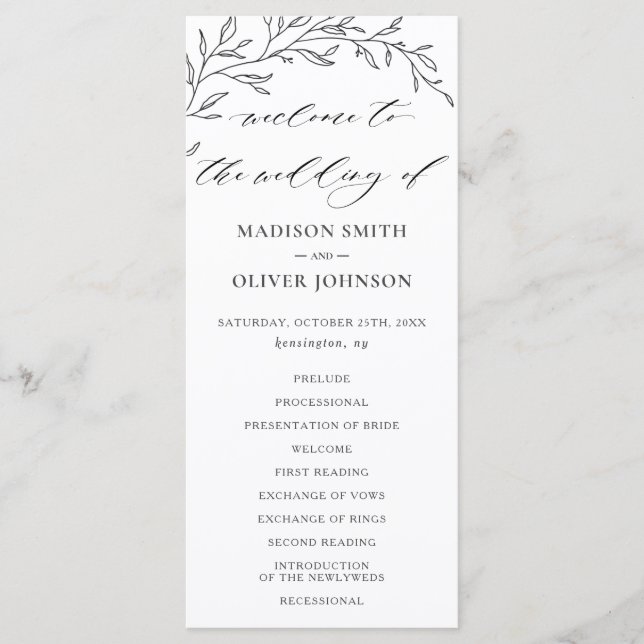 Modern Minimalist Laurel Branch Wedding Program Programme (Front)