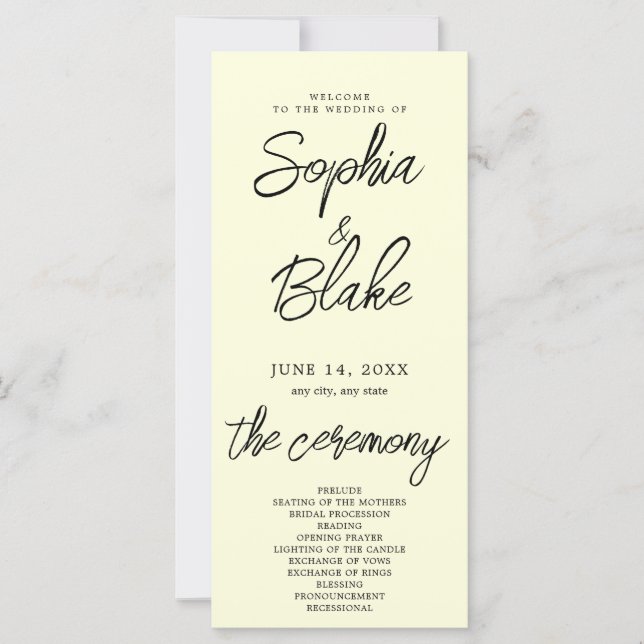 Modern Minimalist Light Yellow Wedding Program (Front)