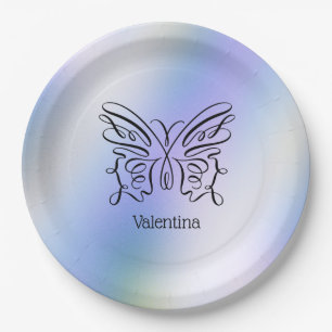 Modern Minimalist Line Drawing Butterfly Monogram Paper Plate