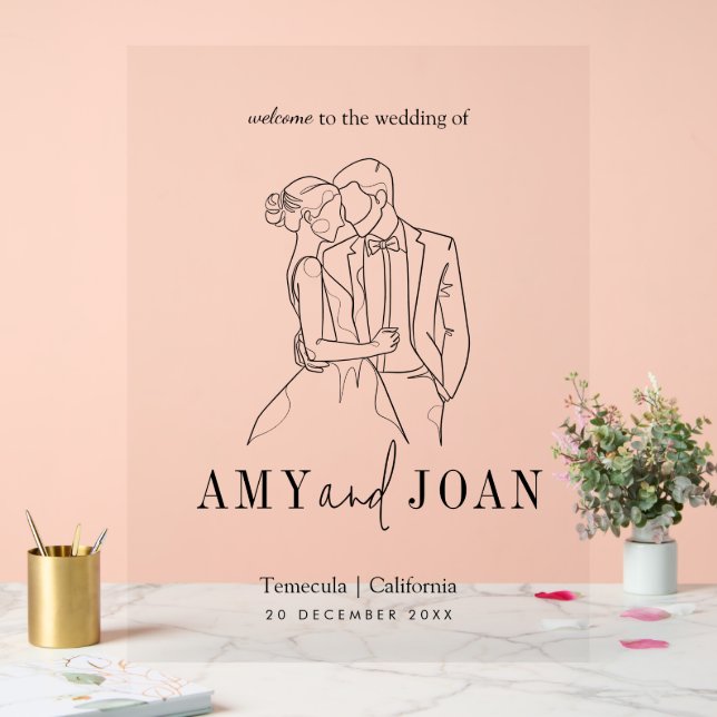 Modern Minimalist Line Drawing of Couple Wedding Acrylic Sign (Wedding)