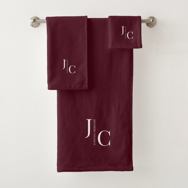 Modern Minimalist Logo Monogram Simple Burgundy Bath Towel Set (Insitu)