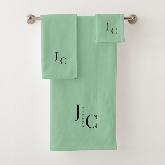Modern Minimalist Logo Monogram Simple Mint Green Bath Towel Set (Insitu)