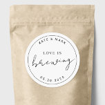 Modern Minimalist Love is Brewing Wedding Favour Classic Round Sticker<br><div class="desc">Custom-designed stickers for coffee and tea wedding favours featuring "love is brewing" modern minimalist black and white design.</div>