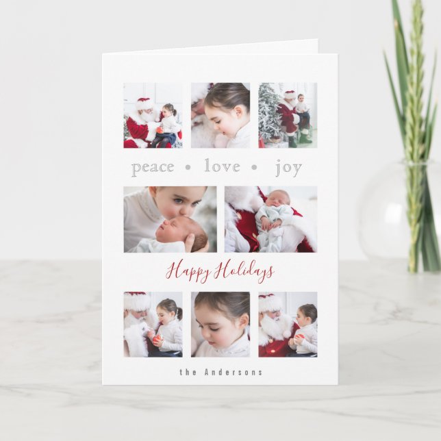 Modern Minimalist Love Joy Peace Multi-Photo Holiday Card (Front)