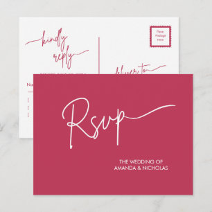 Modern Minimalist Magenta Red and White RSVP  Postcard
