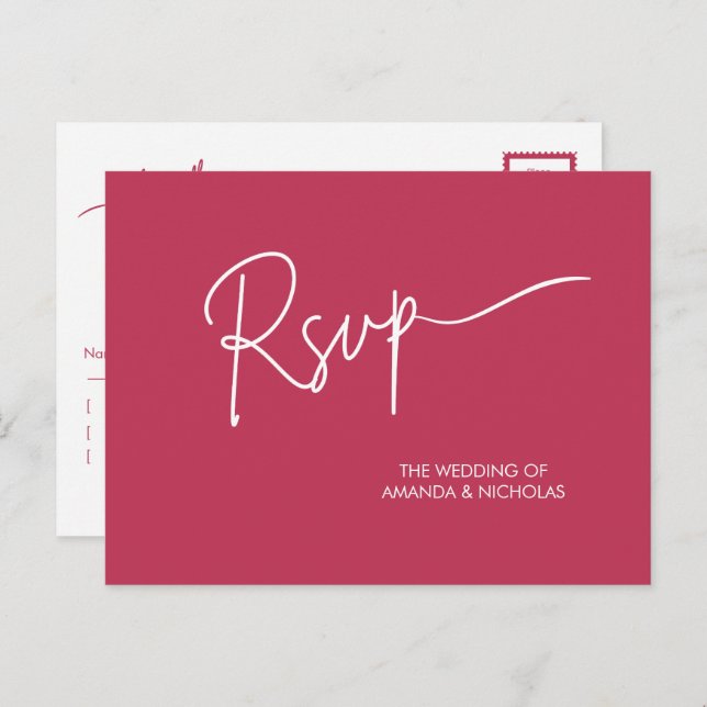 Modern Minimalist Magenta Red and White RSVP  Postcard (Front/Back)