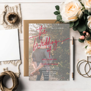 Modern Minimalist Magenta Red Photo Wedding Invitation