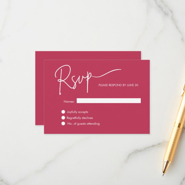 Modern Minimalist Magenta Red Wedding RSVP Enclosure Card (Front/Back In Situ)