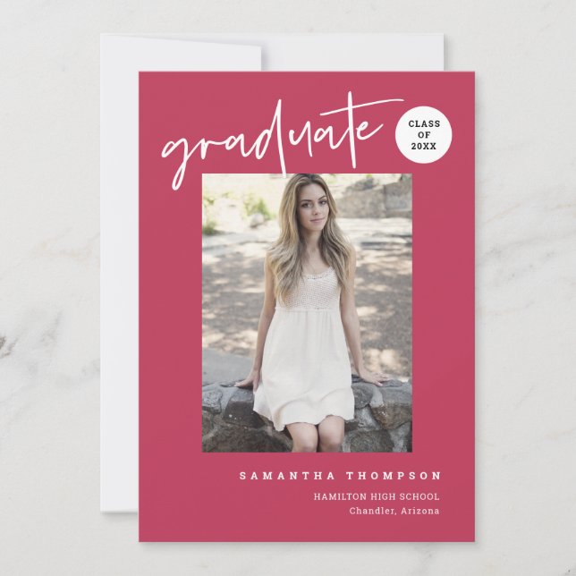 Modern Minimalist Magenta School Grad Party Photo Invitation (Front)