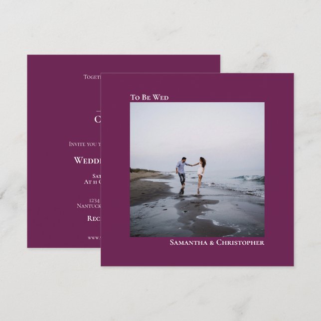 Modern Minimalist Magenta Square Photo Wedding Invitation (Front/Back)