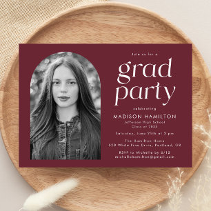 Modern Minimalist Maroon Photo Graduation Party Invitation