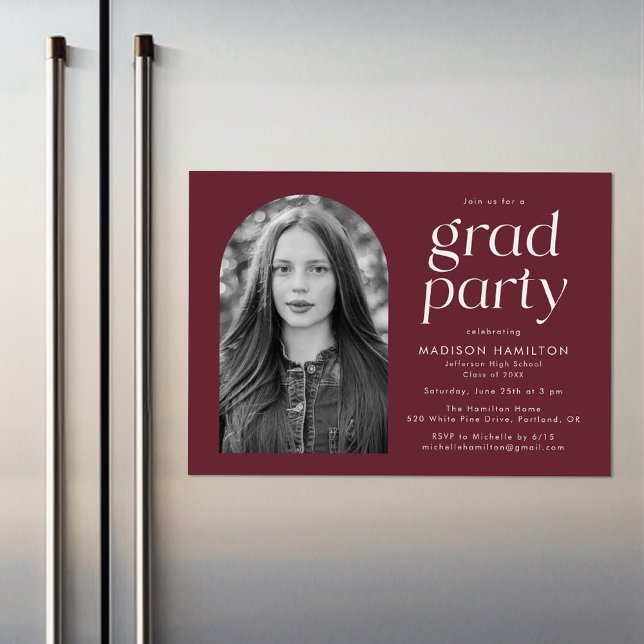 Modern Minimalist Maroon Photo Graduation Party Magnetic Invitation (Creator Uploaded)