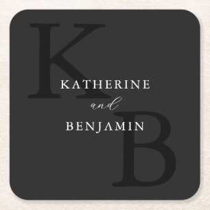 Modern Minimalist Matte Black Monogram Wedding Square Paper Coaster