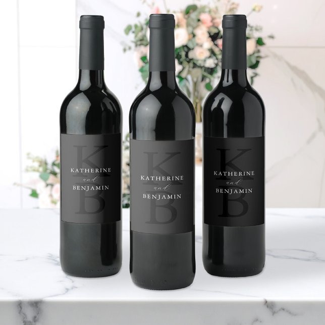 Modern Minimalist Matte Black Monogram Wedding Wine Label (Creator Uploaded)