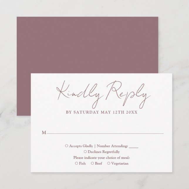 Modern Minimalist Mauve Elegant Script Wedding RSVP Card (Front/Back)