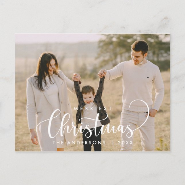 Modern Minimalist, Merriest Christmas Family Photo Postcard (Front)