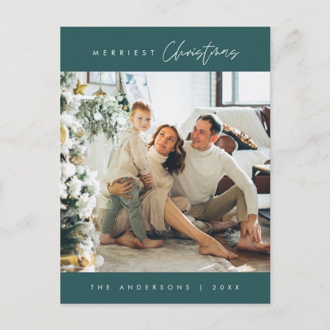 Modern Minimalist, Merriest Christmas Family Photo Postcard (Front)
