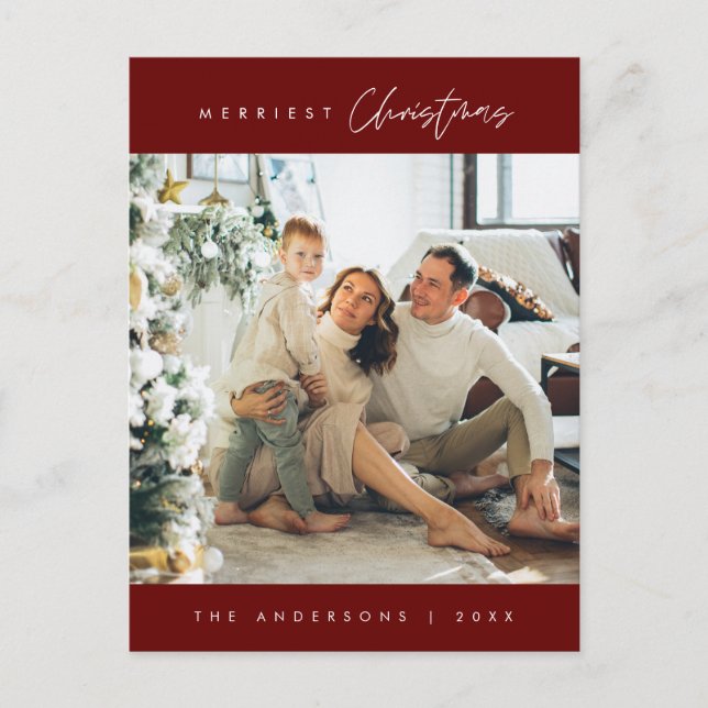 Modern Minimalist, Merriest Christmas Family Photo Postcard (Front)