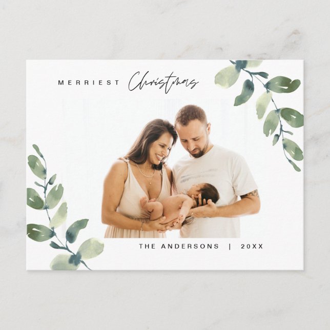 Modern Minimalist, Merriest Christmas Family Postcard (Front)