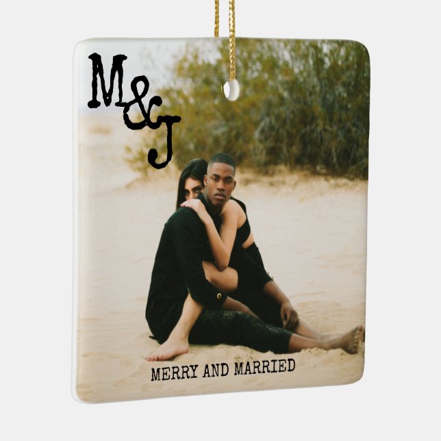 Modern Minimalist Merry and Married Photo Ceramic Ornament (Right)