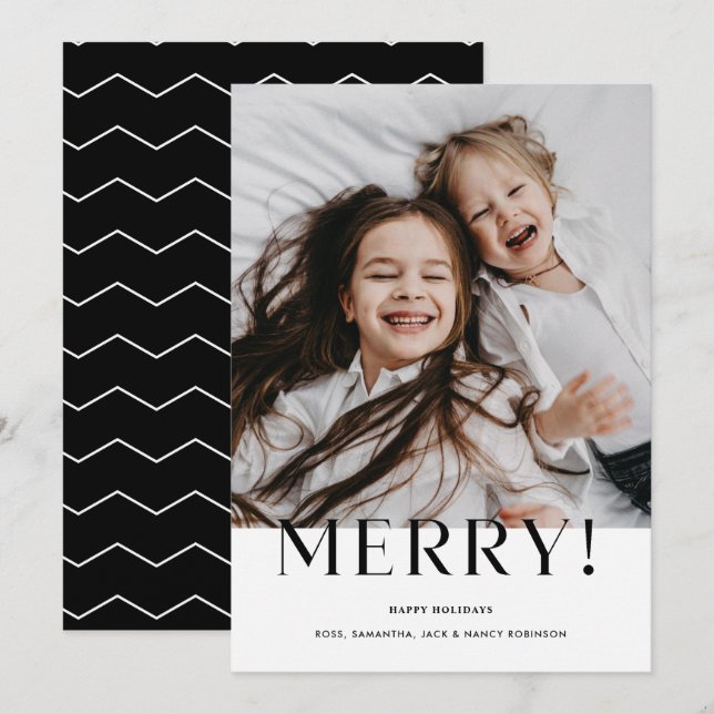 Modern Minimalist Merry Black and White Photo Holiday Card (Front/Back)
