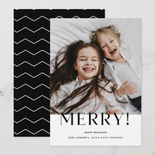 Modern Minimalist Merry Black and White Photo Holiday Card