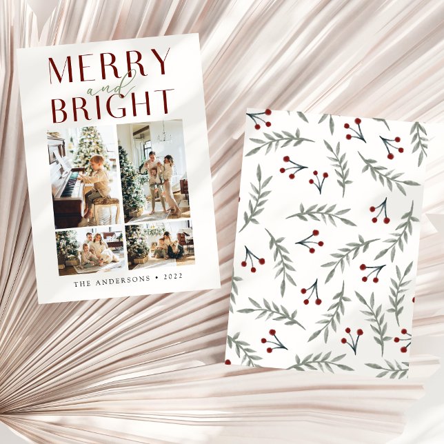 Modern Minimalist Merry & Bright Four Photo Holiday Card (Creator Uploaded)