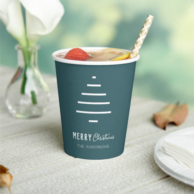 Modern Minimalist Merry Christmas Green Pine Tree  Paper Cups (Insitu)