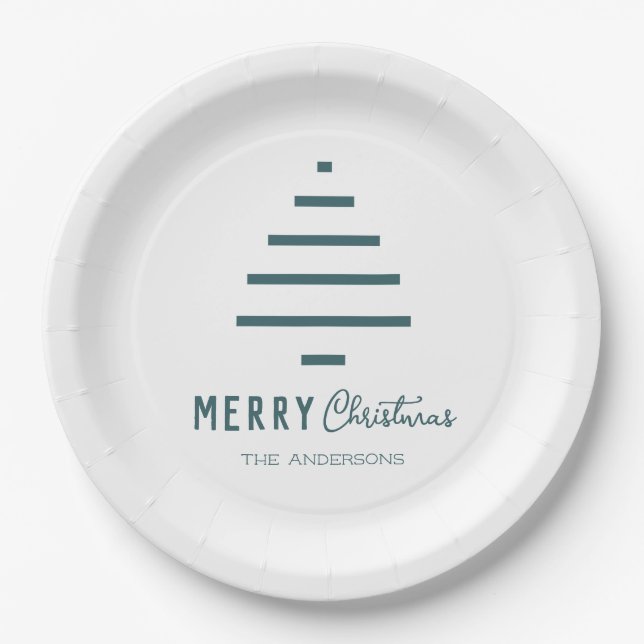 Modern Minimalist Merry Christmas Green Pine Tree  Paper Plate (Front)