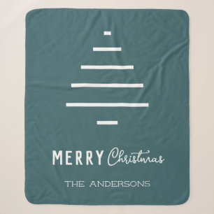 Modern Minimalist Merry Christmas Green Pine Tree Sherpa Blanket