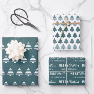 Modern Minimalist Merry Christmas Green Pine Tree  Wrapping Paper Sheet