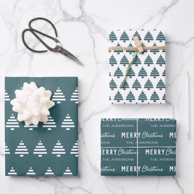 Modern Minimalist Merry Christmas Green Pine Tree  Wrapping Paper Sheet (Front)