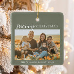 Modern Minimalist Merry Christmas Photo Ceramic Ornament<br><div class="desc">Merry Christmas ! Send your warm wishes to friends and family this holiday season with a customisable photo collage Christmas ornament featuring simple modern typography. Personalise by adding your custom photos,  names,  year and other details. This minimal Christmas ornament is available in other colours.</div>