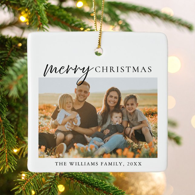Modern Minimalist Merry Christmas Photo Ceramic Ornament (Creator Uploaded)