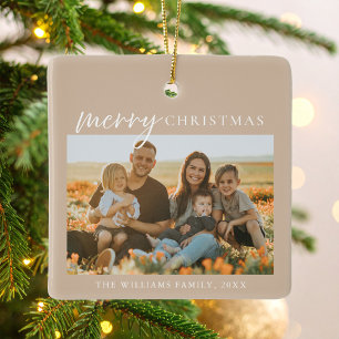 Modern Minimalist Merry Christmas Photo Ceramic Ornament