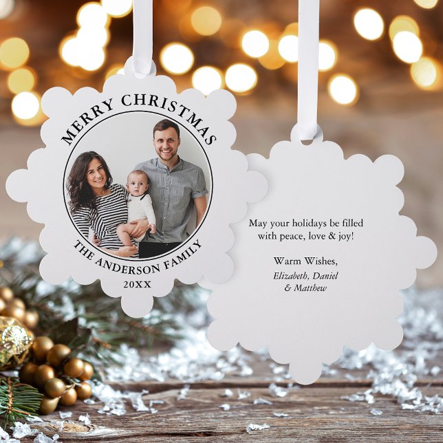 Modern Minimalist Merry Christmas Photo Tree Decoration Card (A greeting card that is also an ornament! Customize with your photo and personalized text.)