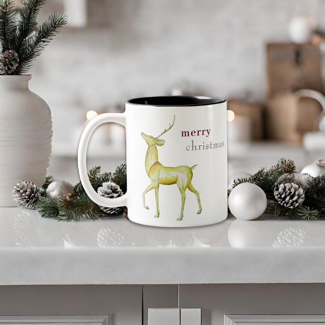 Modern Minimalist Merry Christmas Reindeer  Two-Tone Coffee Mug (Creator Uploaded)